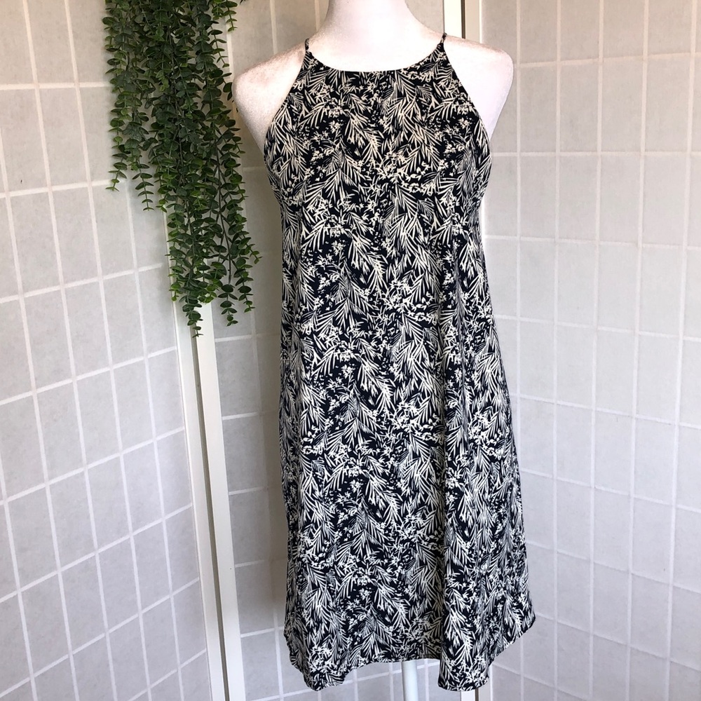 Tyche Black & White Dress with Palm Fronds & Ivy Pattern, Halter Neckline, L